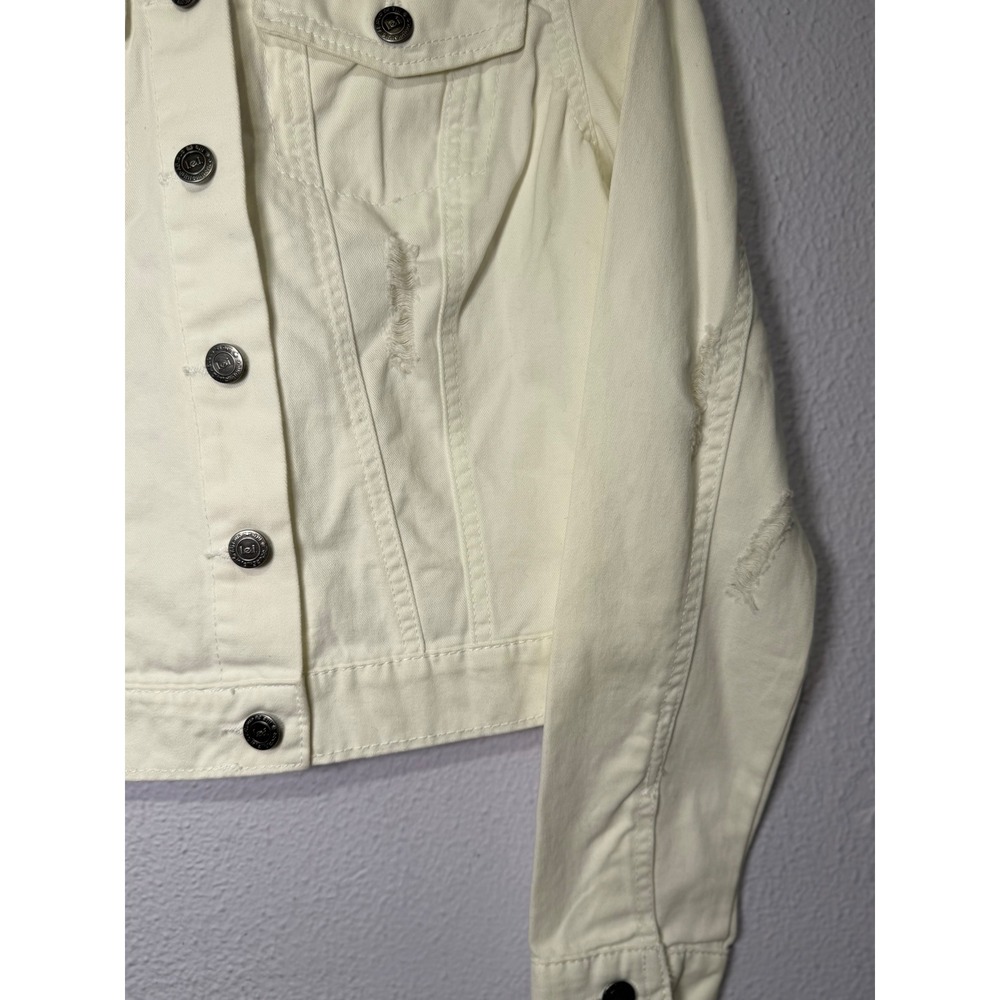 LEI Denim Jacket Womens White Distressed Cropped Y2K Style M Minimalist Casual - Picture 5 of 11